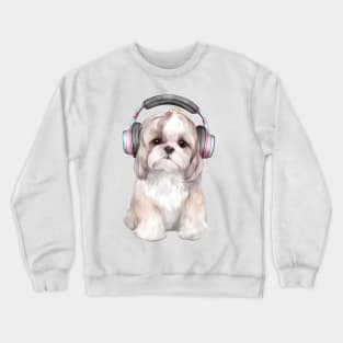 Watercolor Shih Tzu Dog with Headphones Crewneck Sweatshirt
